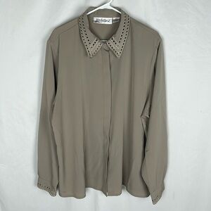 Vintage 80s Yves St. Clair Beige Laser Cut Lace Tan Button Down Shirt -Size 24W